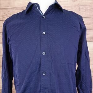 BUGATCHI SHAPED FIT‎ BLUE GEOMETRIC BUTTON DOWN SHIRT MENS SIZE L LARGE